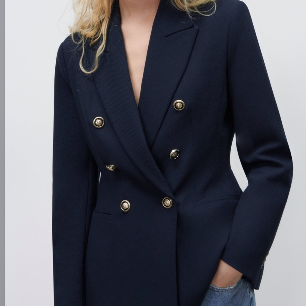 Zara Navy Double-Breasted Blazer with Gold Buttons
